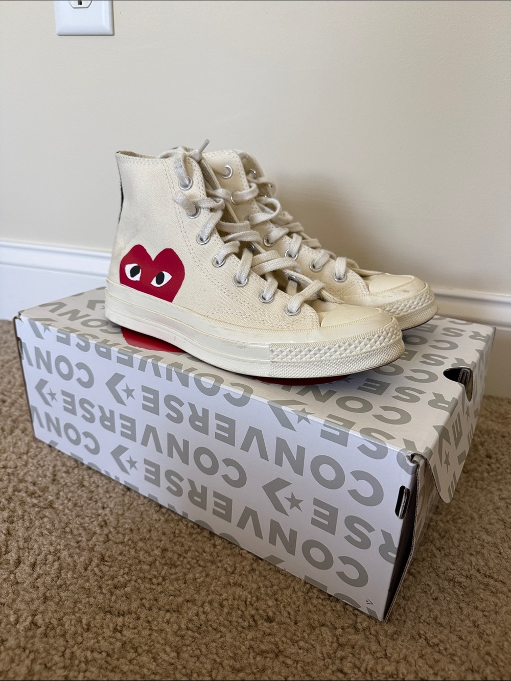 Converse High-Top Sneakers in Cream with Red Heart Motif